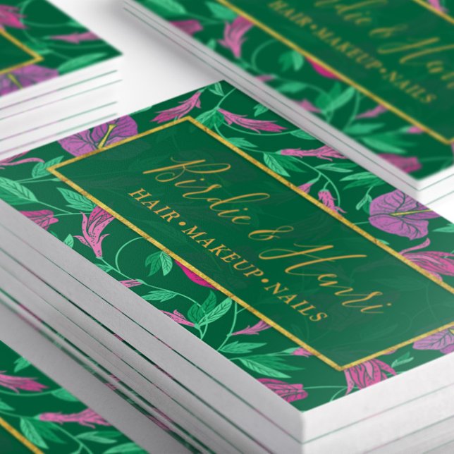 Tarjeta De Visita Patrón floral tropical rosa y verde (Close up of stacked Tropical Pink and Green Floral Business Cards)