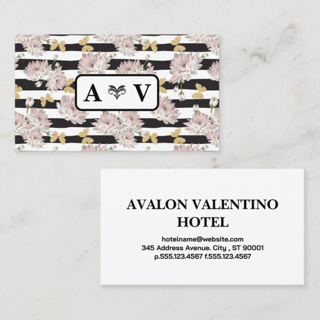 Tarjeta De Visita Patrón floral y a rayas | Mariposas (Anverso / Reverso)