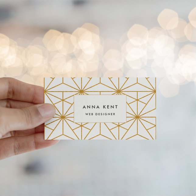 Tarjeta De Visita Patrón geométrico de arte deco blanco y dorado (Subido por el creador)