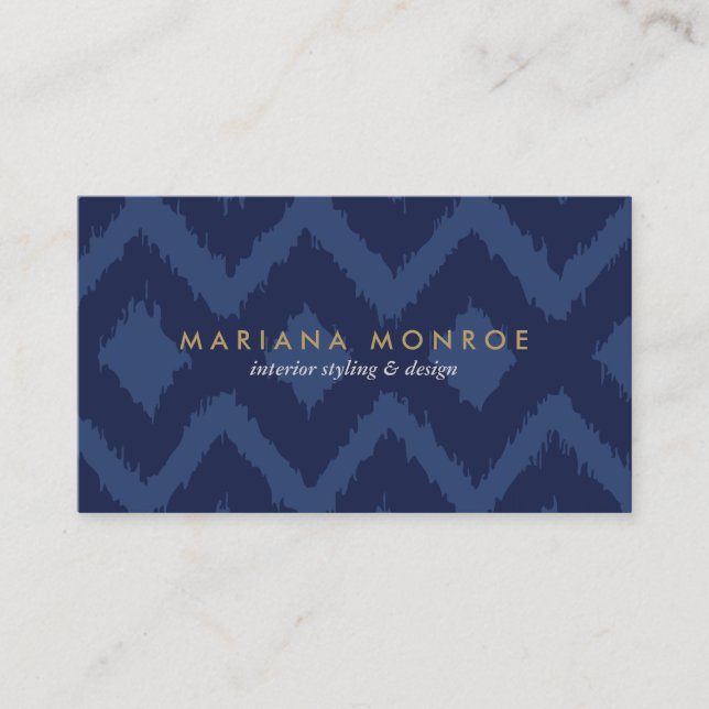 TARJETA DE VISITA PATRÓN IKAT DE DISEÑADOR EN AZUL (Anverso)