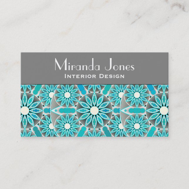 Tarjeta De Visita Patrón Mandala, turquesa, gris plateado y blanco (Anverso)