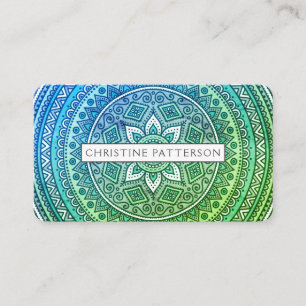 Tarjeta De Visita Patrón Mandala Verde Azul Yoga Meditación