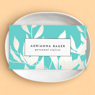 Tarjeta De Visita Patrón moderno de hojas blancas y turquesas