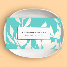 Tarjeta De Visita Patrón moderno de hojas blancas y turquesas