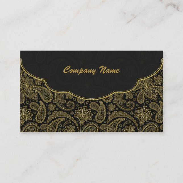 Tarjeta De Visita Patrón Paisley Ornate Negro y Oro (Anverso)