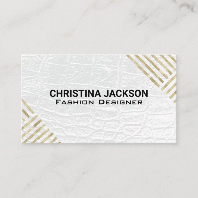 Tarjeta De Visita Patrón rayado de oro moderno | Cuero blanco (Anverso)