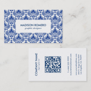 Tarjeta De Visita Patrón real de damascos azules y blancos Código QR