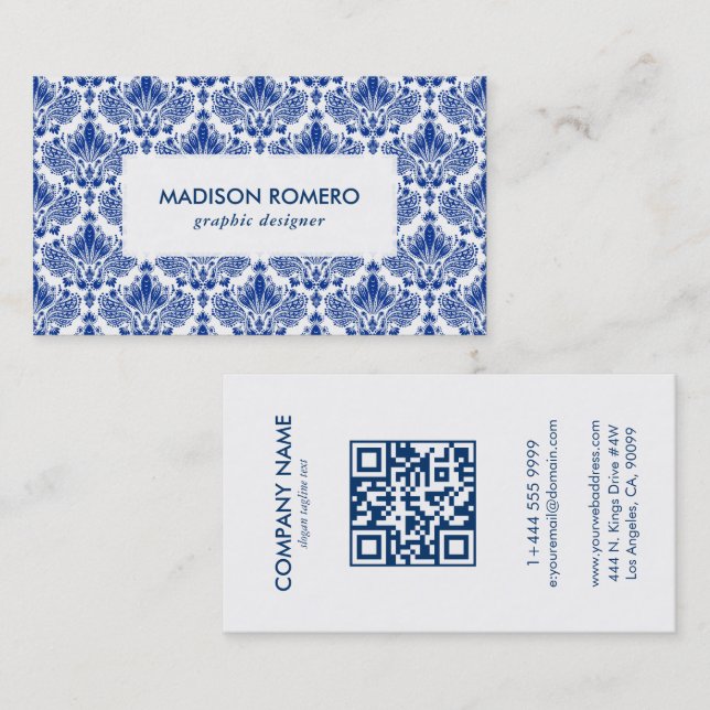 Tarjeta De Visita Patrón real de damascos azules y blancos Código QR (Anverso / Reverso)