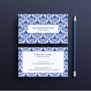 Tarjeta De Visita Patrón Real De Damascos De Vintado Azul Y Blanco