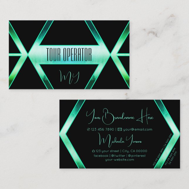 Tarjeta De Visita Patrón Verde azulado brillante negro con monograma (Anverso / Reverso)
