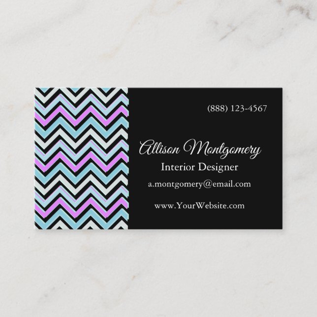 Tarjeta De Visita Patrona moderna de Chevron negra, azul, blanco y r (Anverso)