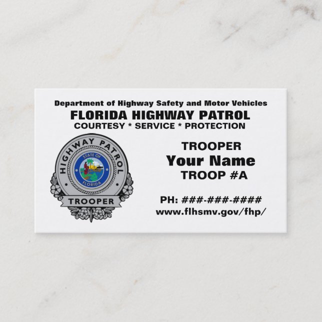 Tarjeta De Visita Patrulla FHP de la carretera de la Florida (Anverso)