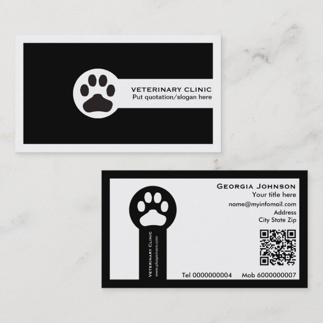 Tarjeta De Visita Paw and QR code black Vet/Veterinary Clinic  (Anverso / Reverso)