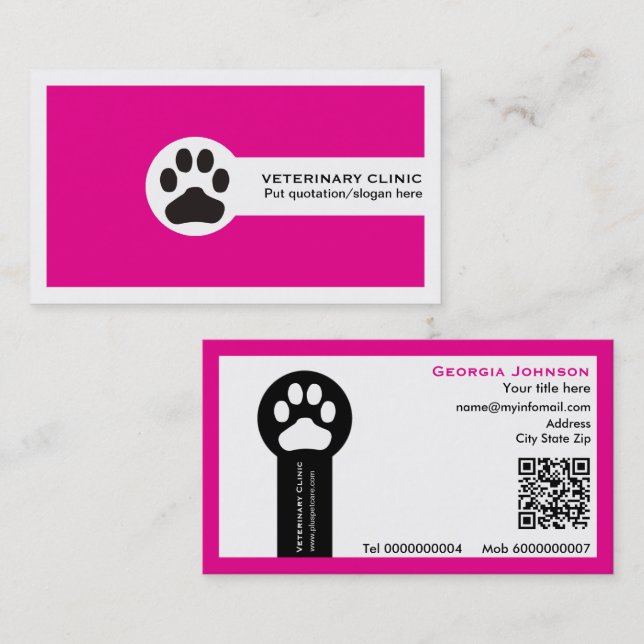 Tarjeta De Visita Paw and QR code hot pink Vet/Veterinary Clinic (Anverso / Reverso)