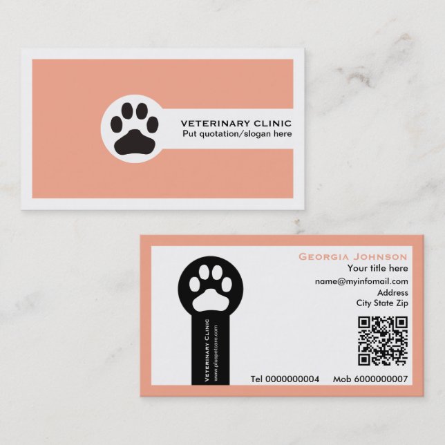 Tarjeta De Visita Paw and QR code peach Vet/Veterinary Clinic  (Anverso / Reverso)
