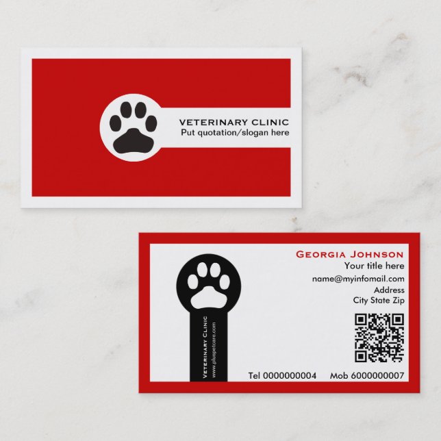 Tarjeta De Visita Paw and QR code red Vet/Veterinary Clinic  (Anverso / Reverso)