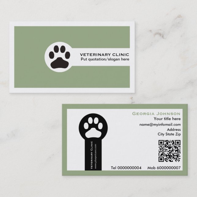 Tarjeta De Visita Paw and QR code sage green Vet/Veterinary Clinic  (Anverso / Reverso)