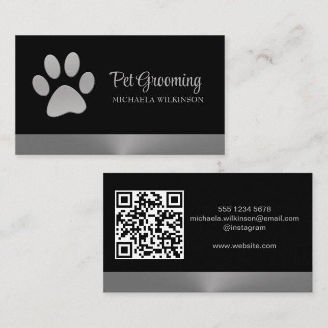 Tarjeta De Visita Paw de perro plateado sobre el servicio de crecimi (Anverso / Reverso)
