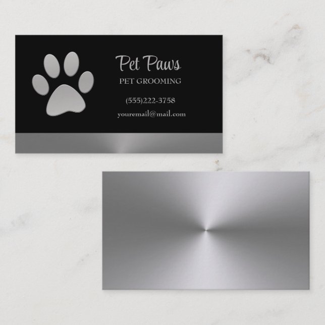 Tarjeta De Visita Paw de perro plateado sobre el servicio de crecimi (Anverso / Reverso)