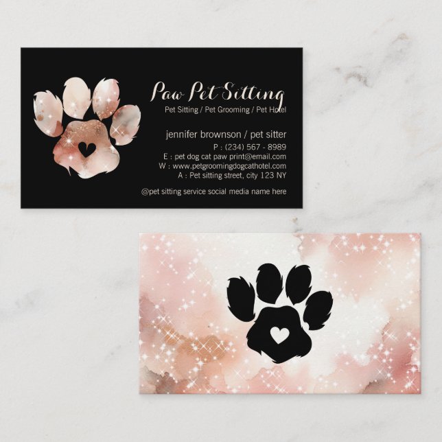 Tarjeta De Visita Paw Mascota Sitter Grooming Acuarela Perro Gato (Anverso / Reverso)