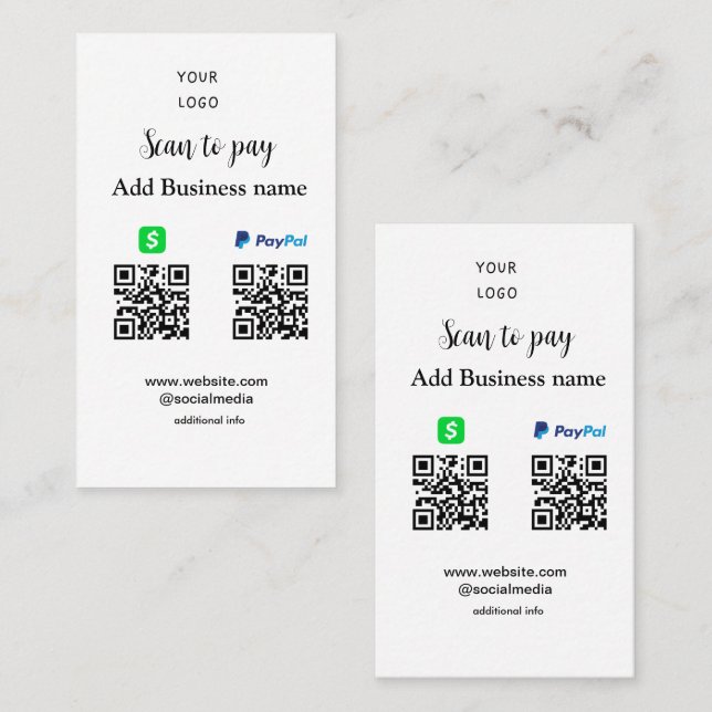 Tarjeta De Visita Paypal Cashapp scan para pagar QR añadir nombre de (Anverso / Reverso)