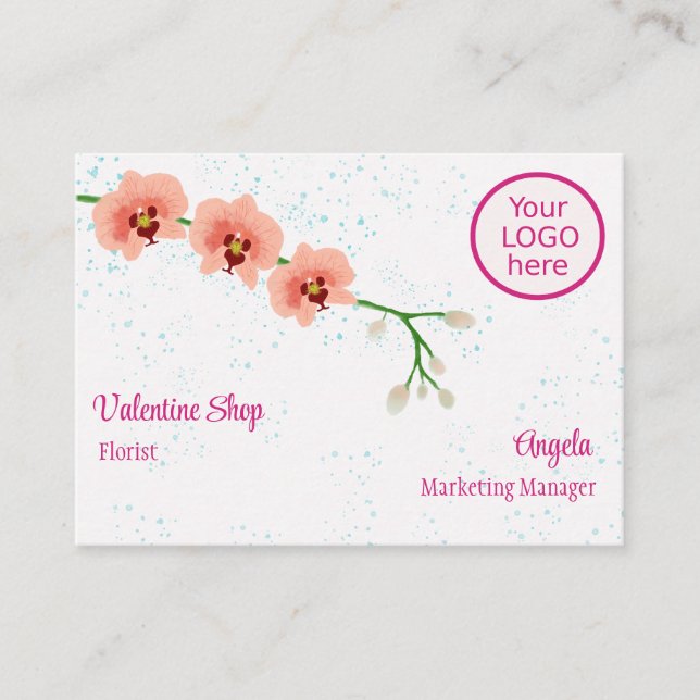 Tarjeta De Visita Peach Orchid Flowers Blue Splash Background (Anverso)