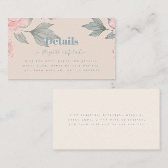 Tarjeta De Visita Peach Peonies Sage Floral Budget Boda (Anverso / Reverso)