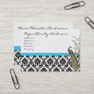 Tarjeta De Visita Peacock Black Damask Bright Aqua Trim