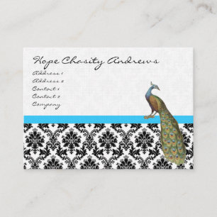 Tarjeta De Visita Peacock Black Damask Bright Aqua Trim