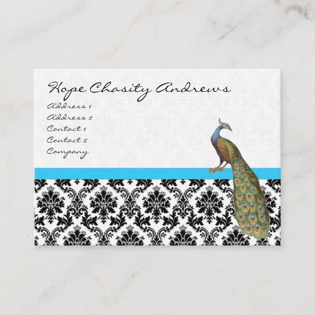 Tarjeta De Visita Peacock Black Damask Bright Aqua Trim (Anverso)