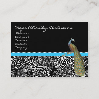 Tarjeta De Visita Peacock Black Damask Bright Aqua Trim
