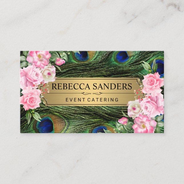 Tarjeta De Visita Peacock Feathers | Flores rosas (Anverso)