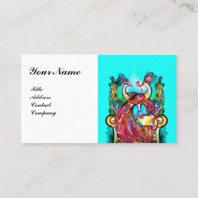 Tarjeta De Visita PEACOCKS EN EL MONOGRAMA AMOR, Boda Azul Blanco Ro (Anverso)
