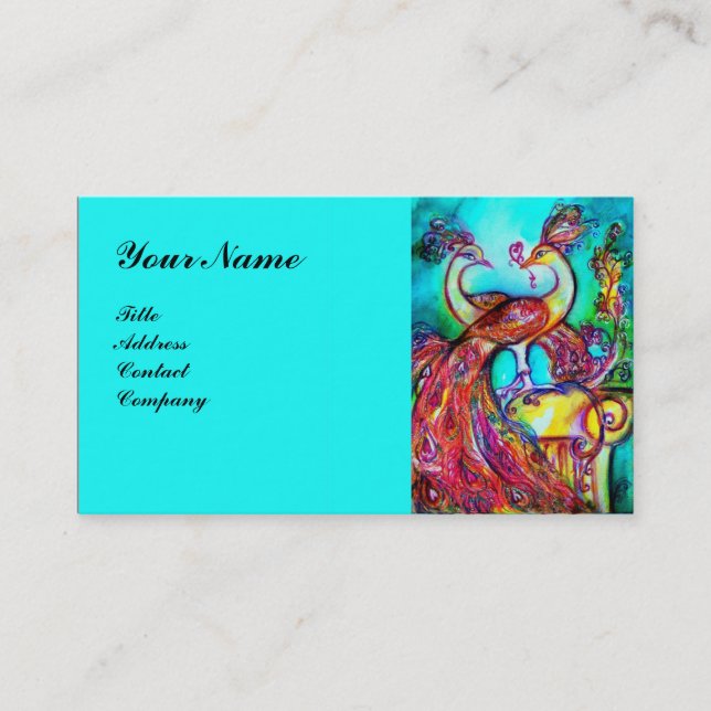 Tarjeta De Visita PEACOCKS EN EL MONOGRAMA AMOR, turquesa azul rojo (Anverso)