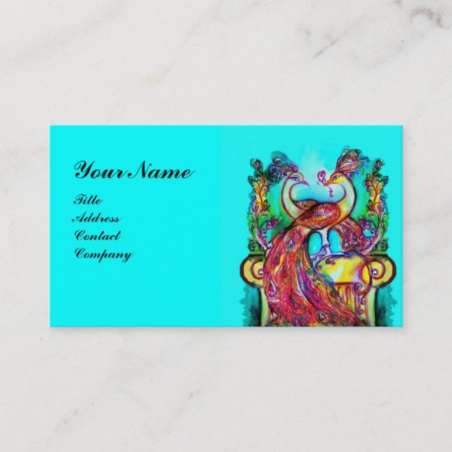Tarjeta De Visita PEACOCKS EN EL MONOGRAMA AMOR, turquesa azul rojo (Anverso)