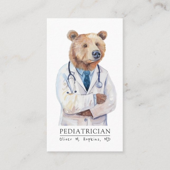 Tarjeta De Visita Pediatra Médica de acuarela Oso médico (Anverso)