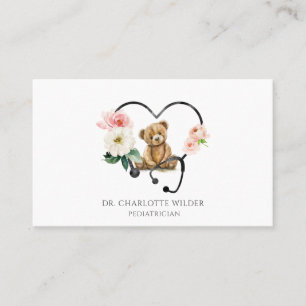 Tarjeta De Visita Pediatra Teddy Bear Estetioscopio Floral