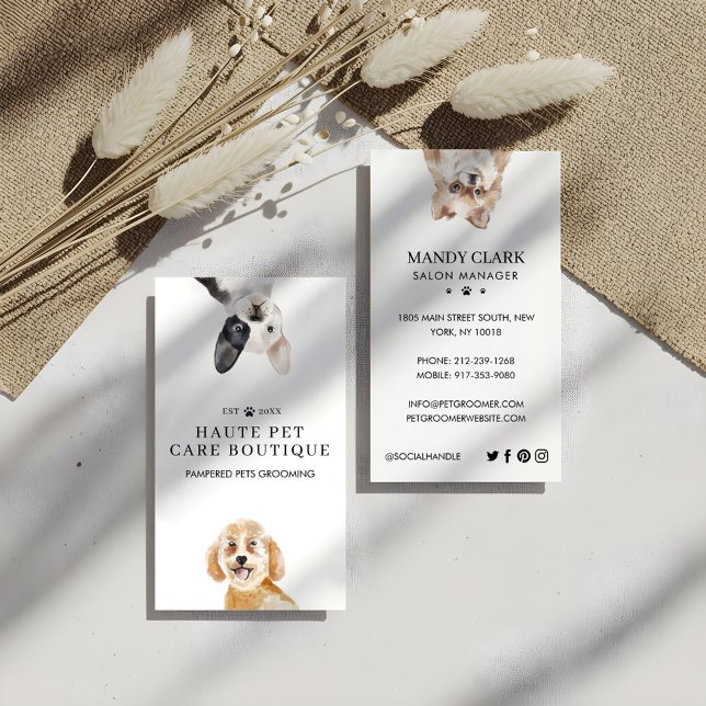 Tarjeta De Visita Peeking Watercolor Perros Cuidado Mascotas Crecer  (Peeking Watercolor Dogs Pet Care Grooming & Salon Business Card)