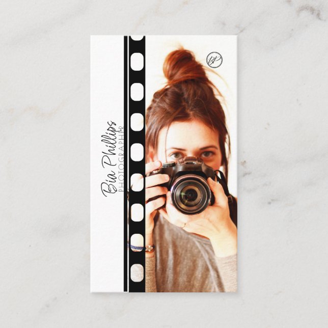 Tarjeta De Visita Película en blanco y negro, tu fotografía y logoti (Anverso)