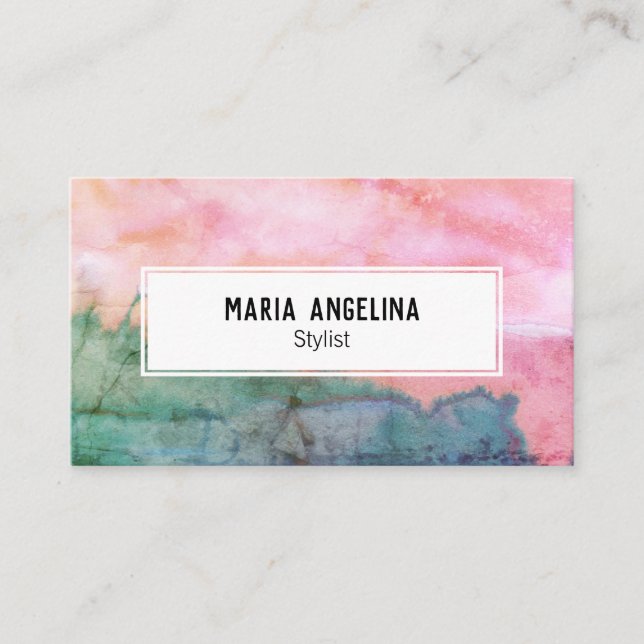 Tarjeta De Visita Peligro de la acuarela abstracta rosa y verde azul (Anverso)