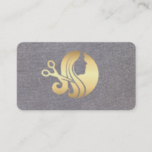 Tarjeta De Visita Pelo dorado y tijeras Fondo de textura gris