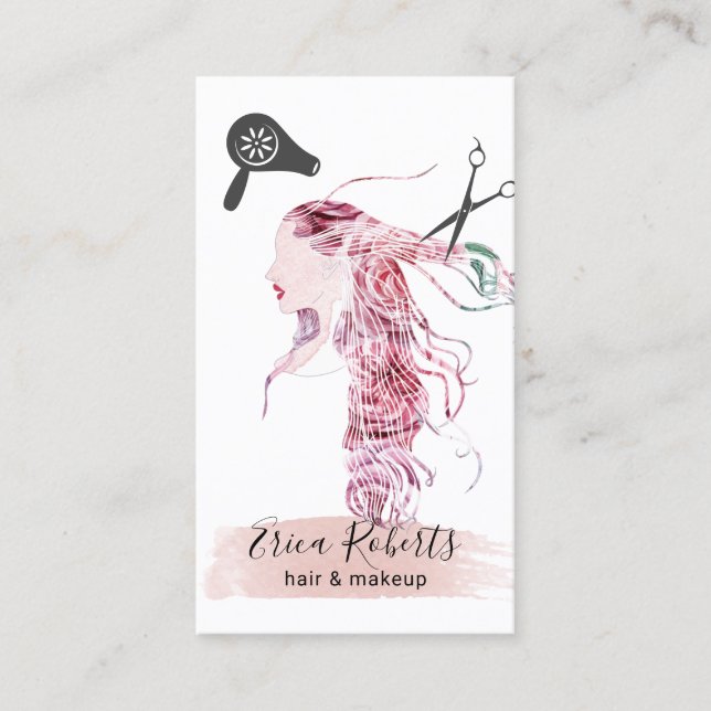 Tarjeta De Visita Pelo floral de la acuarela del chica de la belleza (Anverso)