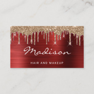 Tarjeta De Visita Pelo y Maquillaje con Brillo Dorado Metálico Rojo