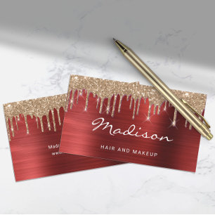 Tarjeta De Visita Pelo y Maquillaje con Brillo Dorado Metálico Rojo