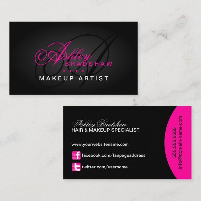 Tarjeta De Visita Pelo y monograma del artista de maquillaje (Anverso / Reverso)