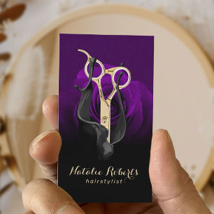Tarjeta De Visita Peluca Estilista De Oro Sensación De Flor Púrpura