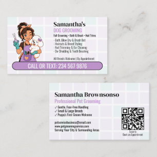 Tarjeta De Visita Peluquera Chica con Poodle Morado Parpadeando QR G