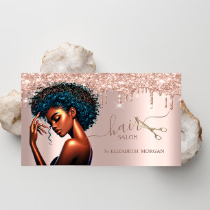 Tarjeta De Visita Peluquera mujer negra gotas de brillo dorado rosa