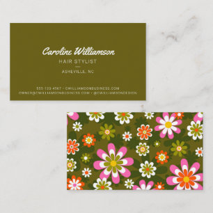 Tarjeta De Visita Peluquera Retro Groovy Daisy Verde Oliva Rosa