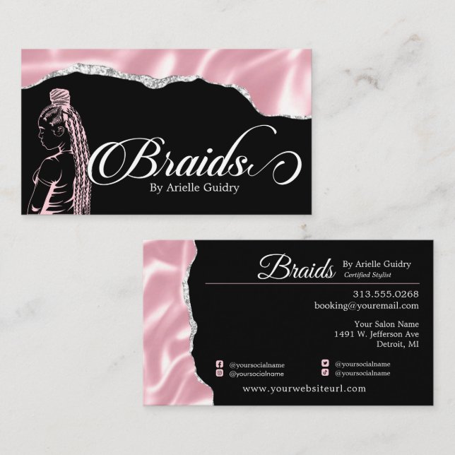 Tarjeta De Visita Peluquería Braid Salon Plata & Glam Rosa (Anverso / Reverso)